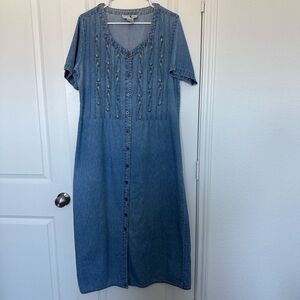 Vintage Embroidered 100% Cotton Denim Midi western/cottage core Dress Large
